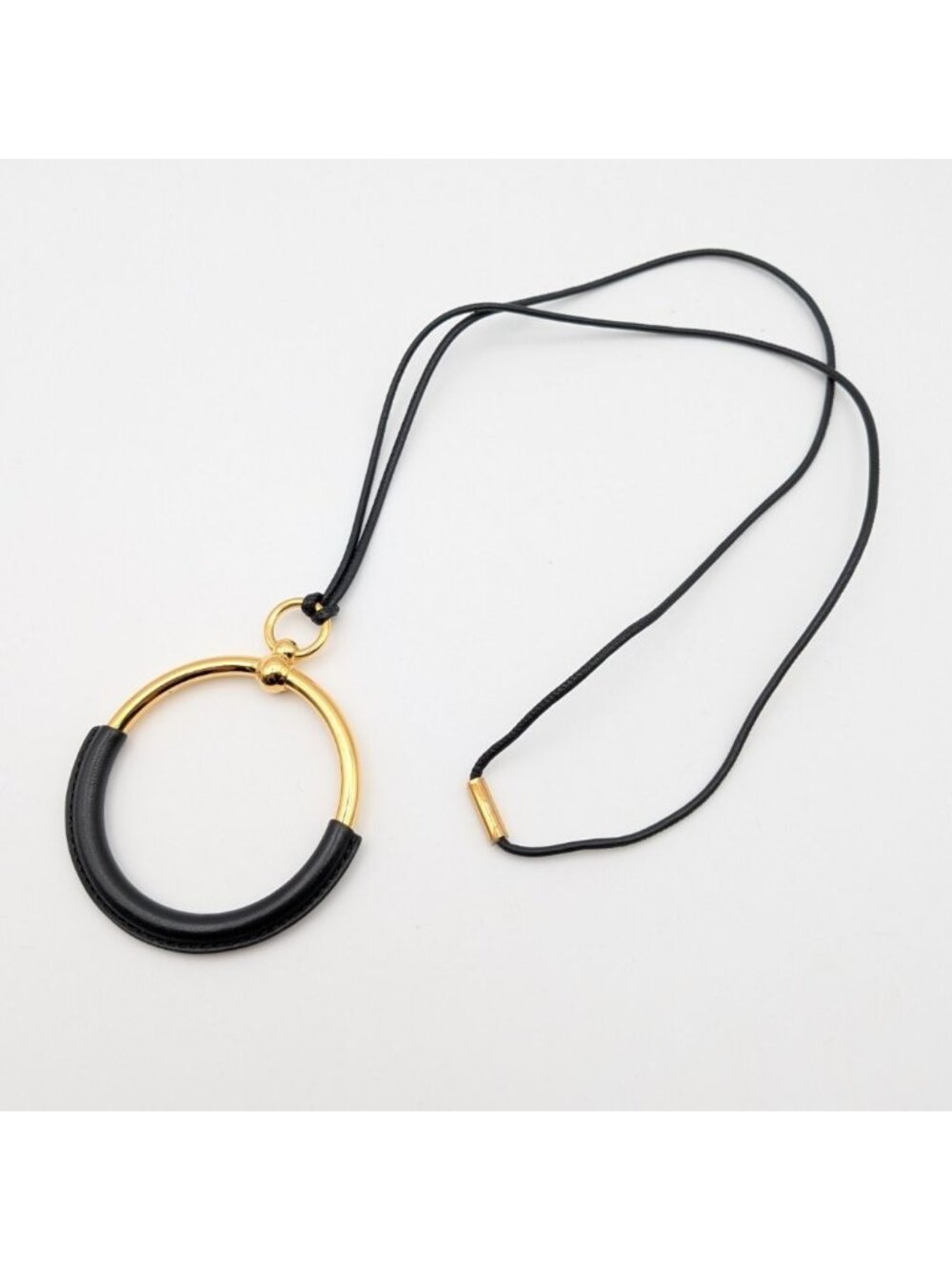 Hermes Loop Grand Necklace Gold Black Metal Leather Circle